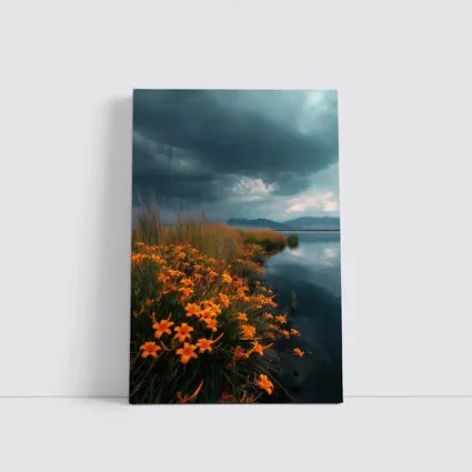 Orange Lilies By Stormy Lake Mountains