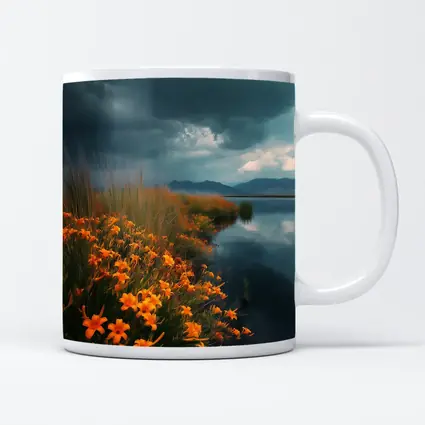 Orange Lilies By Stormy Lake Mountains