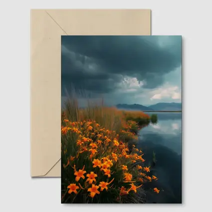 Orange Lilies By Stormy Lake Mountains