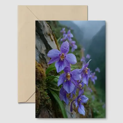 Purple Orchids Growing on Misty Mountain Cliff