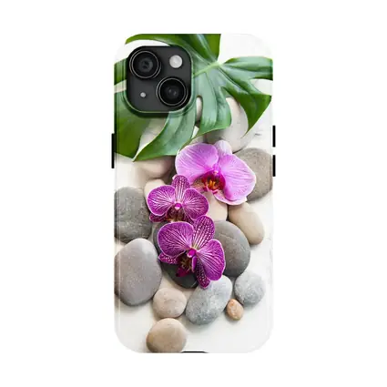 Pink Orchids Monstera Leaf Zen Stones