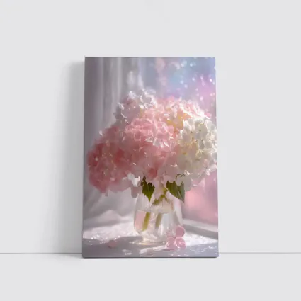 Pink White Hydrangeas Glass Vase Window Light