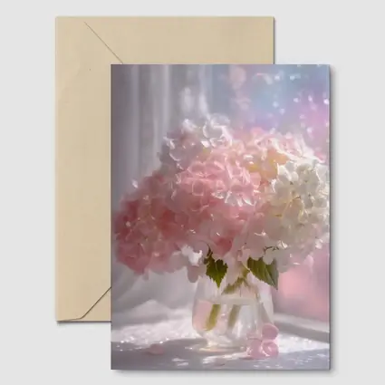 Pink White Hydrangeas Glass Vase Window Light