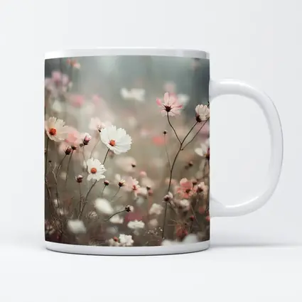 Pink White Cosmos Flowers Misty Field