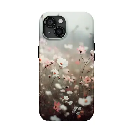 Pink White Cosmos Flowers Misty Field