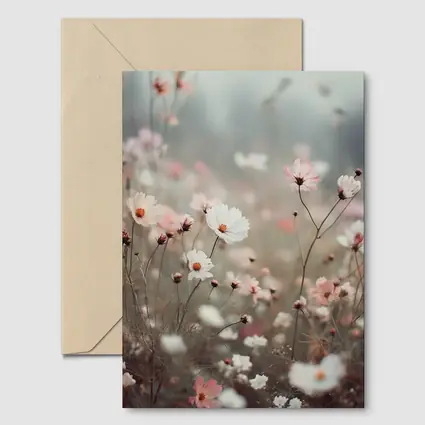 Pink White Cosmos Flowers Misty Field