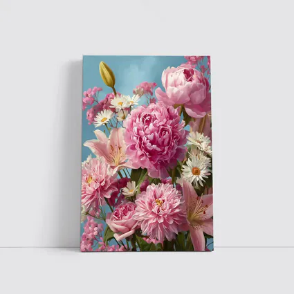 Pink Peonies Lilies Daisies Blue Sky