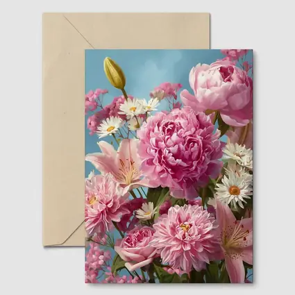 Pink Peonies Lilies Daisies Blue Sky