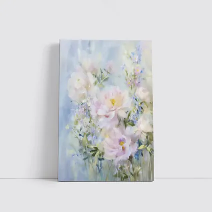 Soft Pink Peonies Blue Floral Painting