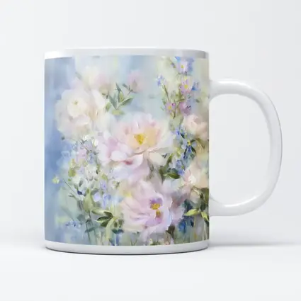 Soft Pink Peonies Blue Floral Painting