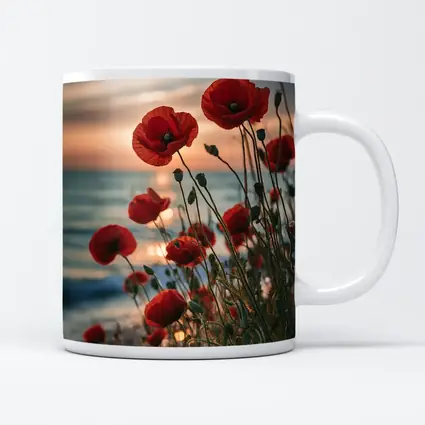 Red Poppies Blooming by Ocean Sunset