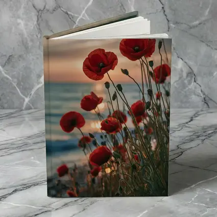 Red Poppies Blooming by Ocean Sunset