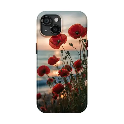 Red Poppies Blooming by Ocean Sunset