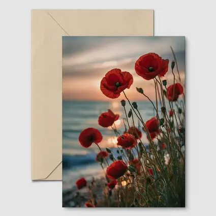 Red Poppies Blooming by Ocean Sunset