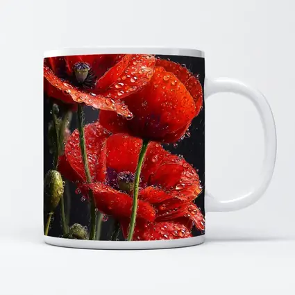 Red Poppies With Rain Drops Dark Background