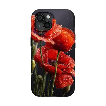 Red Poppies With Rain Drops Dark Background