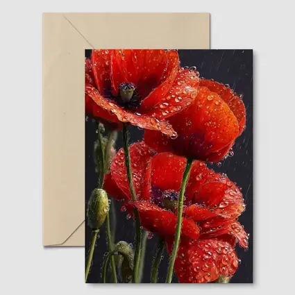 Red Poppies With Rain Drops Dark Background