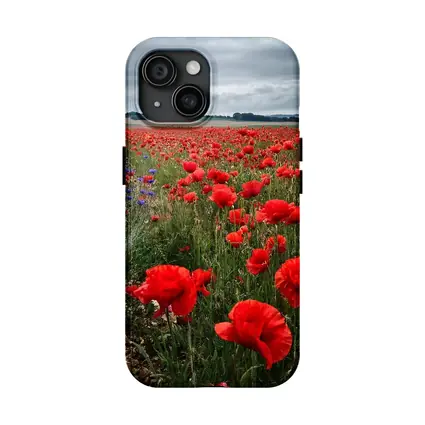Red Poppies Field Under Cloudy Sky