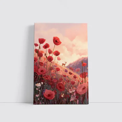 Red Poppies Field Deer Sunset Illustration