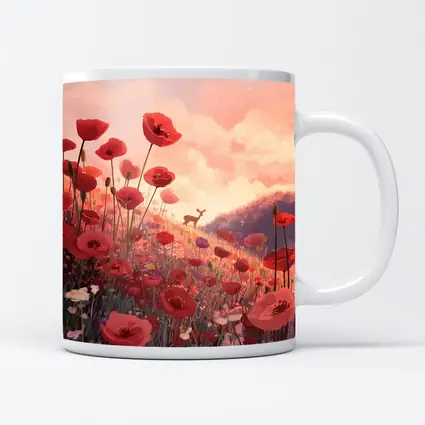 Red Poppies Field Deer Sunset Illustration