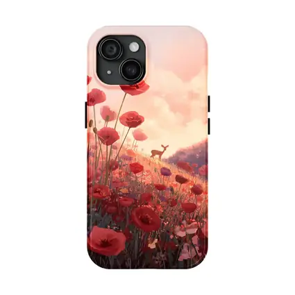Red Poppies Field Deer Sunset Illustration