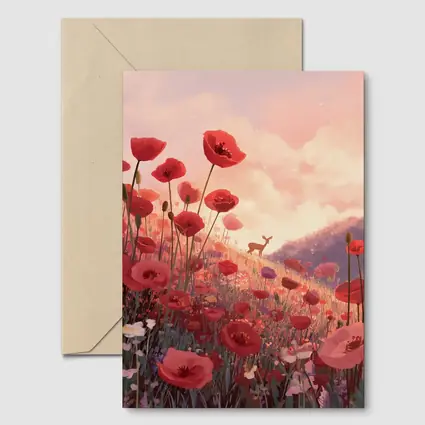 Red Poppies Field Deer Sunset Illustration