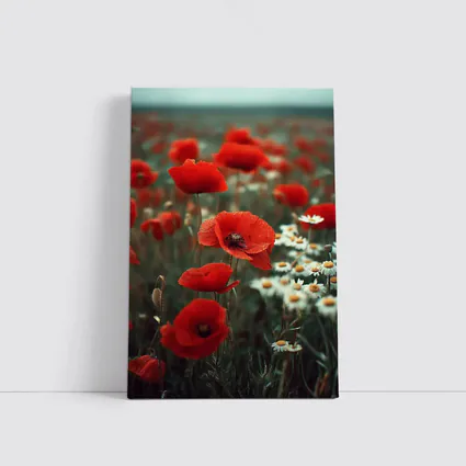 Red Poppies And Daisies Field Overcast Sky