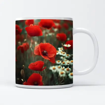Red Poppies And Daisies Field Overcast Sky