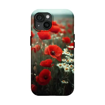 Red Poppies And Daisies Field Overcast Sky