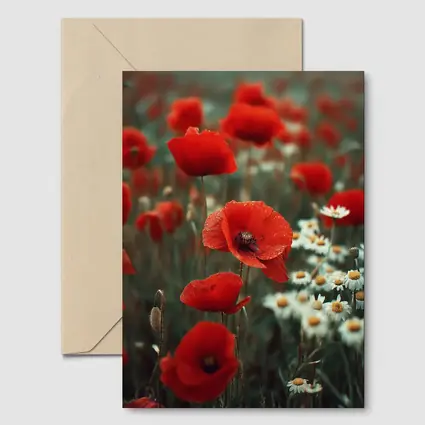 Red Poppies And Daisies Field Overcast Sky