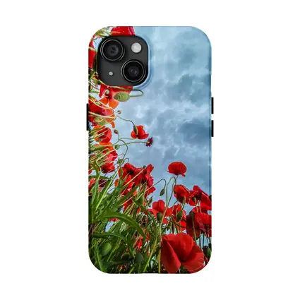 Red Poppies Field Against Cloudy Sky