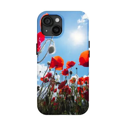 Red Poppies Field Against Sunny Blue Sky