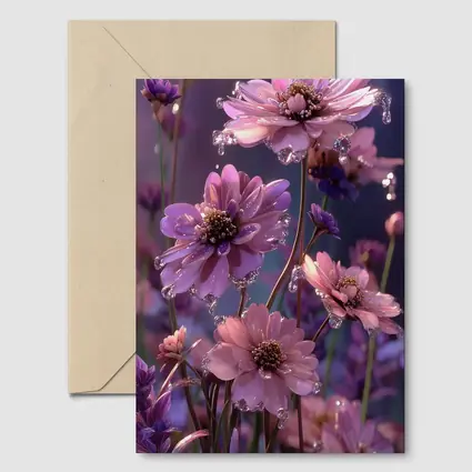 Pink Purple Cosmos Flowers With Water Droplets