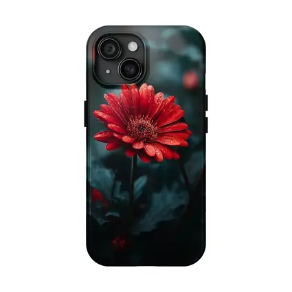 Red Gerbera Daisy With Rain Drops Dark