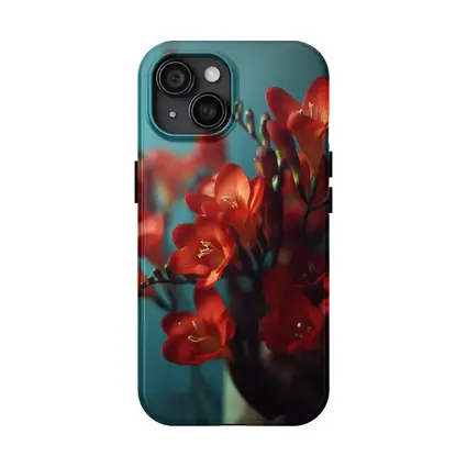 Red Freesia Flowers Teal Background Botanical