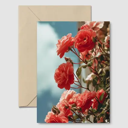 Red Roses Climbing Against Blue Sky