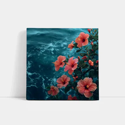 Pink Hibiscus Flowers Over Teal Ocean