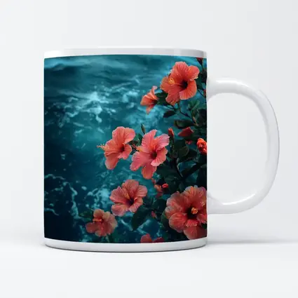 Pink Hibiscus Flowers Over Teal Ocean