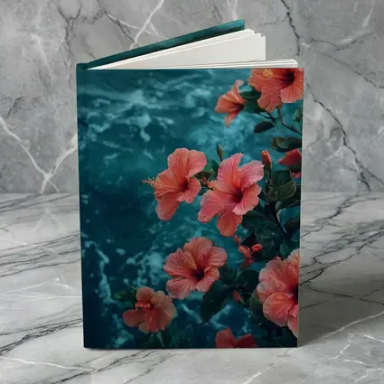 Pink Hibiscus Flowers Over Teal Ocean