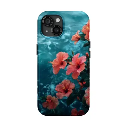 Pink Hibiscus Flowers Over Teal Ocean