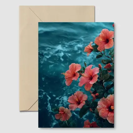 Pink Hibiscus Flowers Over Teal Ocean