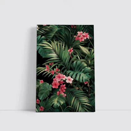 Tropical Leaves Pink Flowers Dark Background