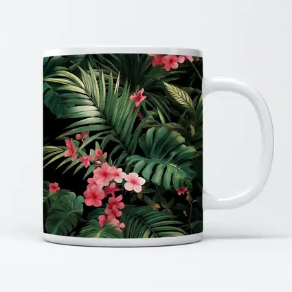 Tropical Leaves Pink Flowers Dark Background