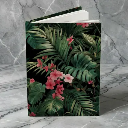 Tropical Leaves Pink Flowers Dark Background