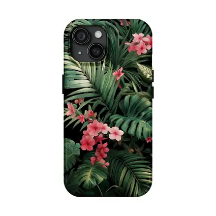 Tropical Leaves Pink Flowers Dark Background
