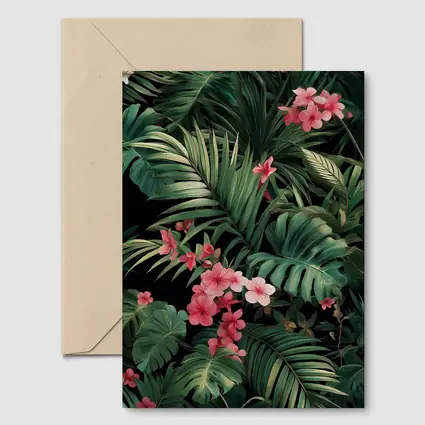 Tropical Leaves Pink Flowers Dark Background