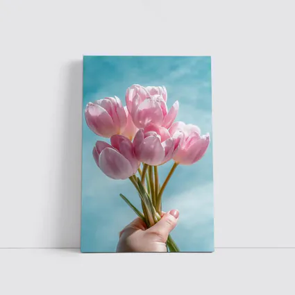 Pink Tulips Bouquet Against Blue Sky