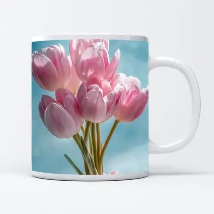 Pink Tulips Bouquet Against Blue Sky