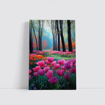 Pink Tulips Forest Path Oil Painting