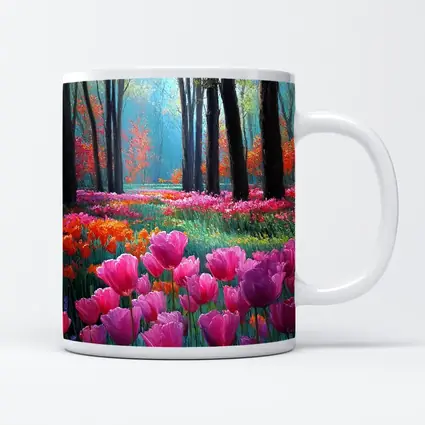 Pink Tulips Forest Path Oil Painting
